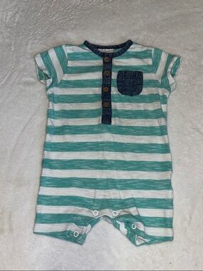 (3 for $10) next baby Striped Green & White Baby Romper with Denim Trim